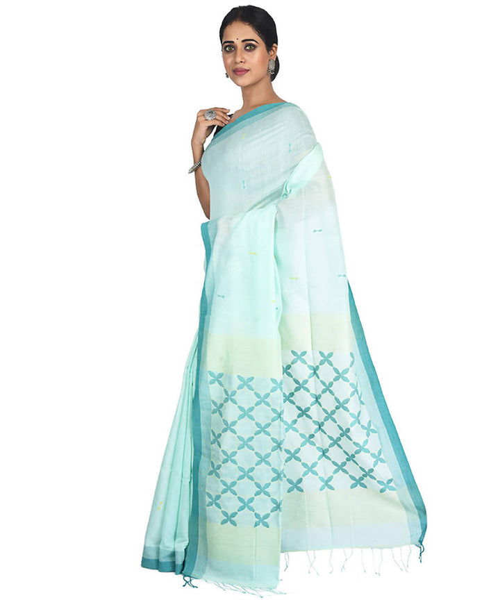 Light green and white handwoven bengal cotton silk saree