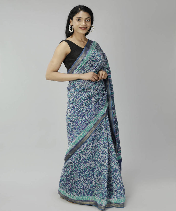 Blue bonnet bagru handblock printed cotton silk saree