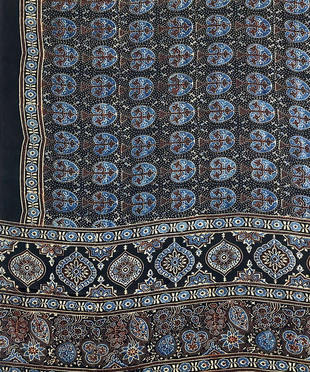 Black hand printed ajrakh modal silk saree