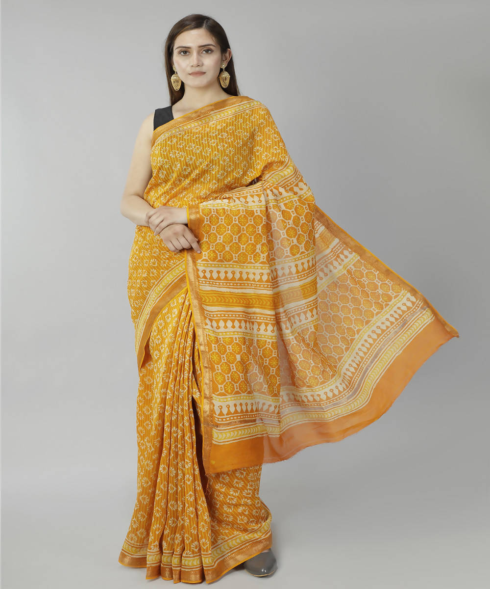 Golden yellow bagru handblock printed cotton silk saree
