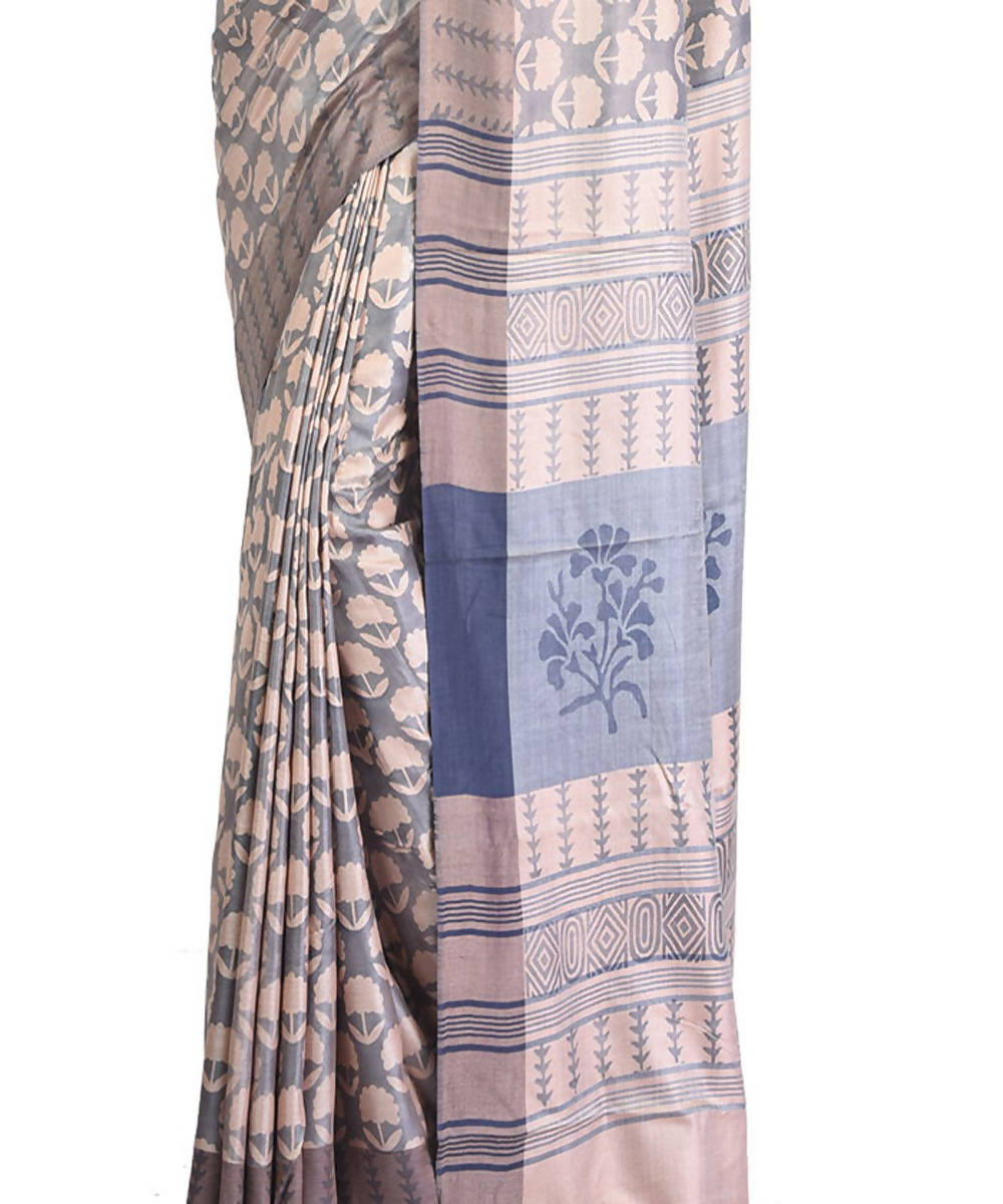 Steel grey handblock printed eri silk saree