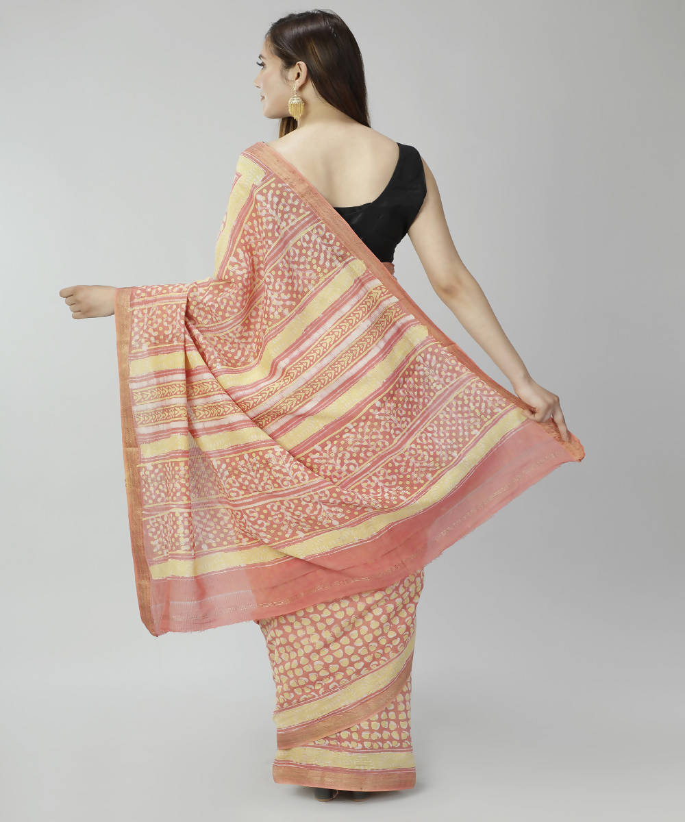 Peach bagru handblock printed cotton silk saree