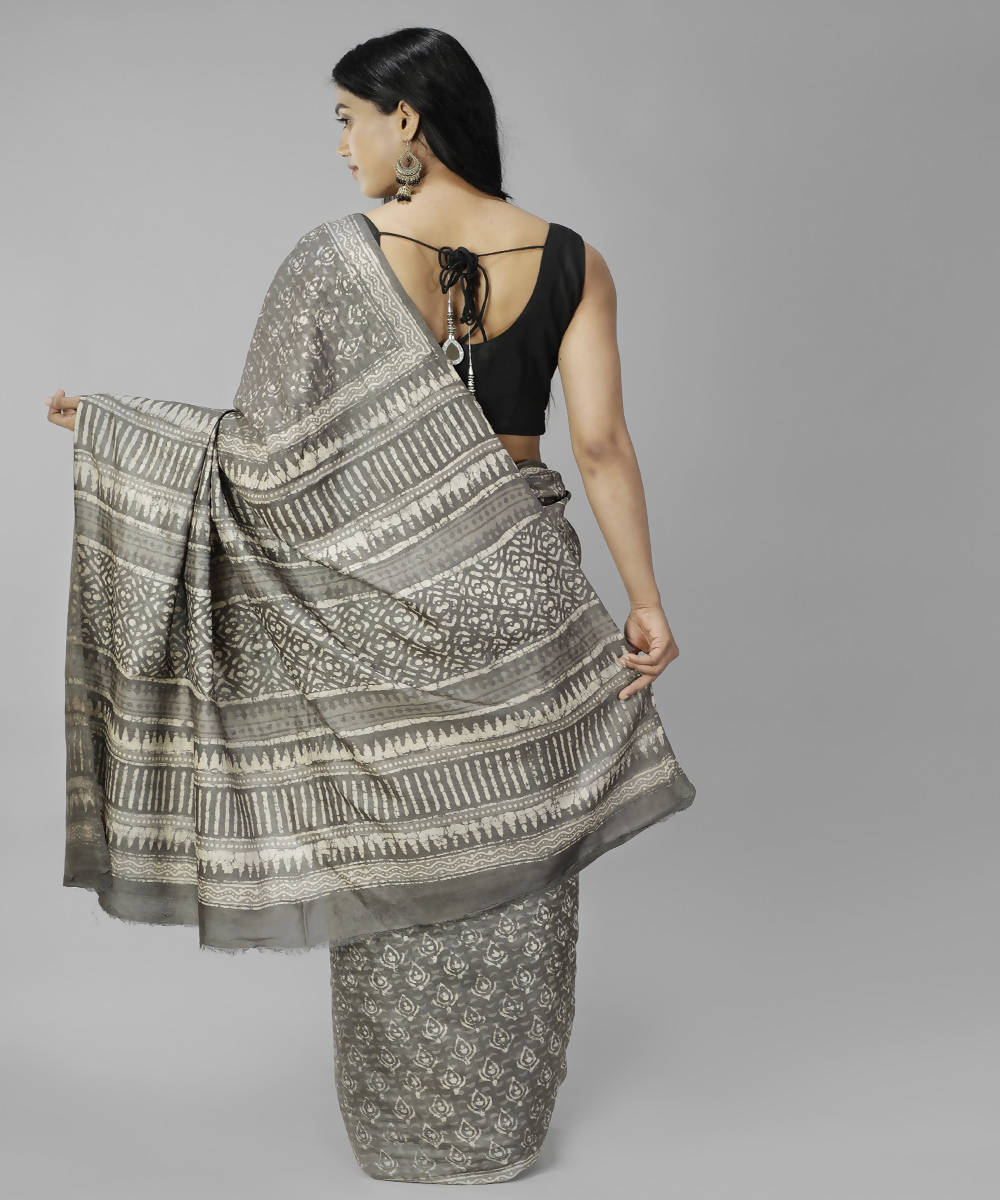 Grey bagru handblock printed tussar silk saree