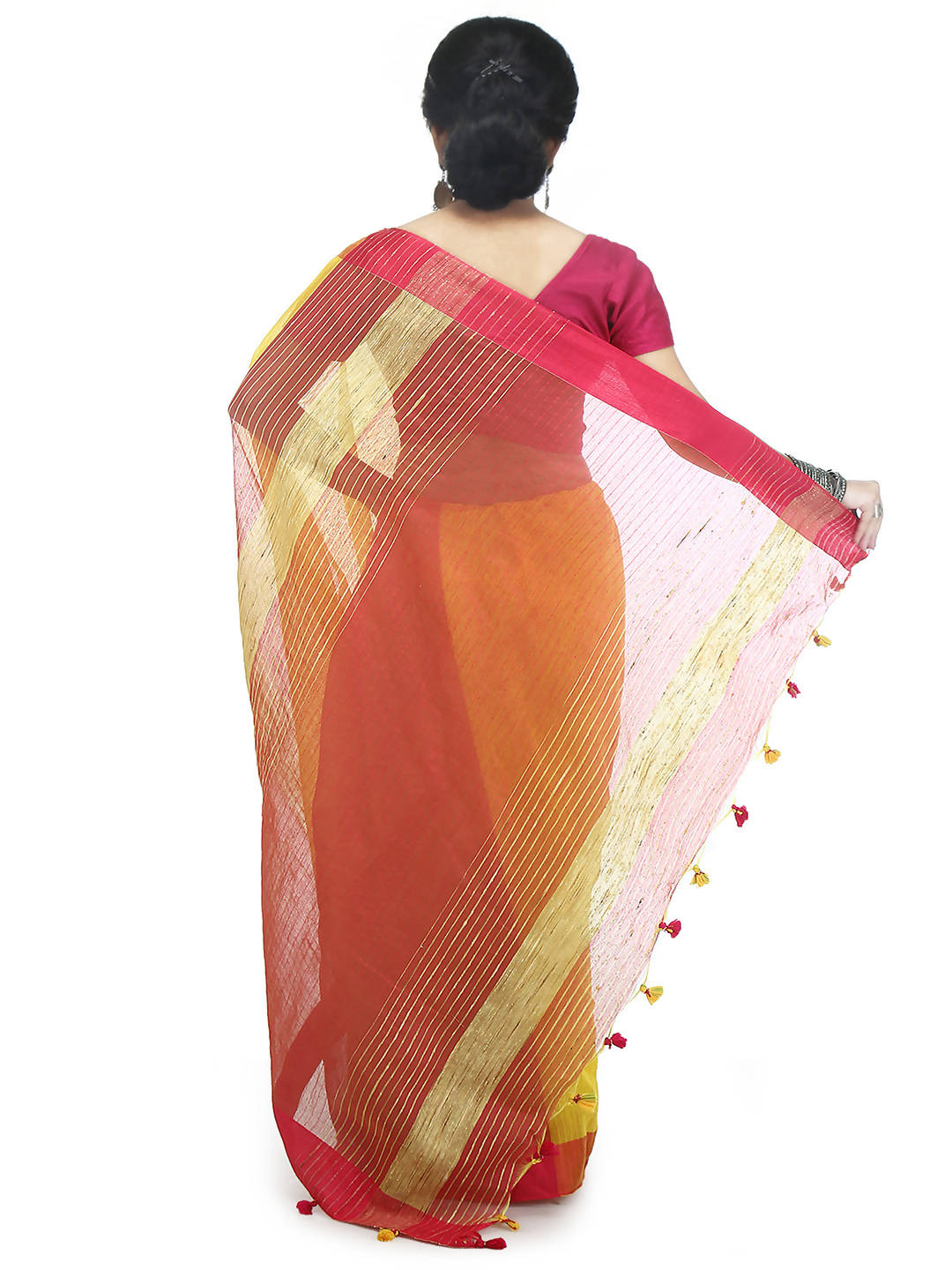 Yellow pink bengal handloom cotton blend saree