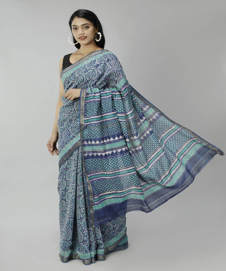 Blue bonnet bagru handblock printed cotton silk saree