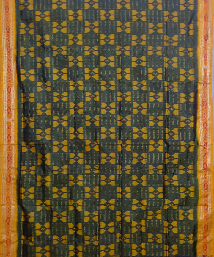 Dark green yellow handwoven silk khandua saree