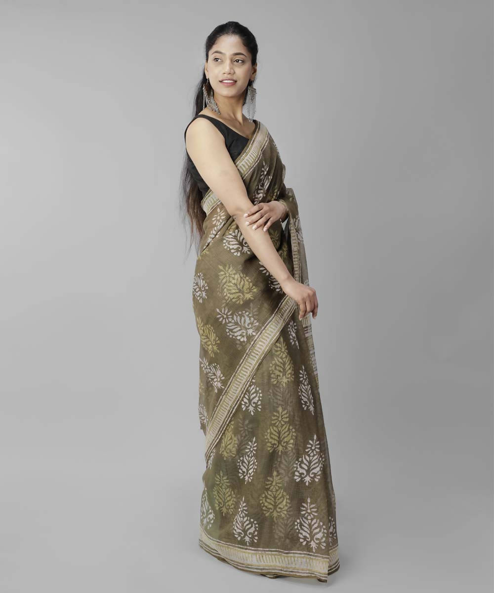 Fern green bagru handblock printed cotton saree