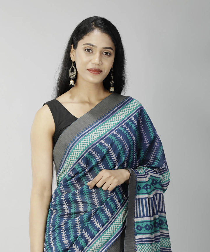 Cyan blue bagru handblock printed cotton silk saree