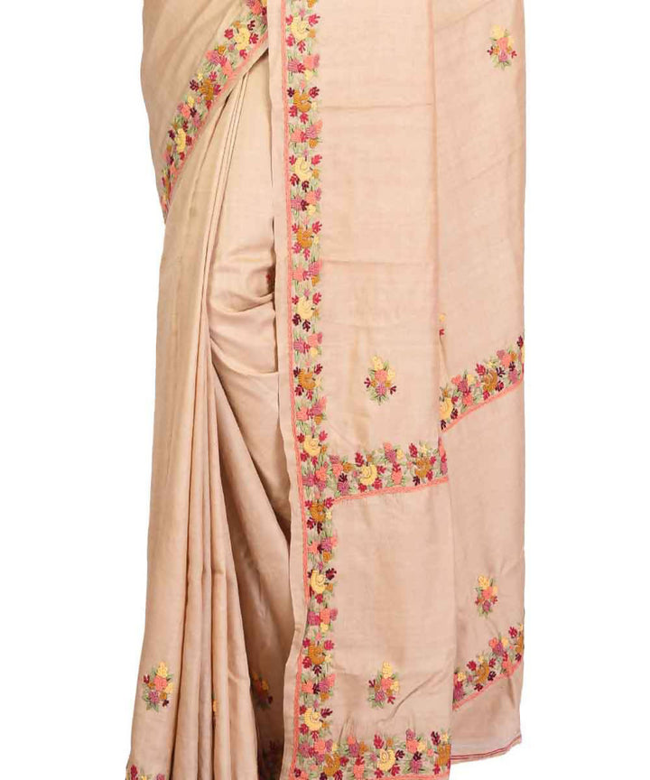 Beige bengal hand embroidery tussar silk saree