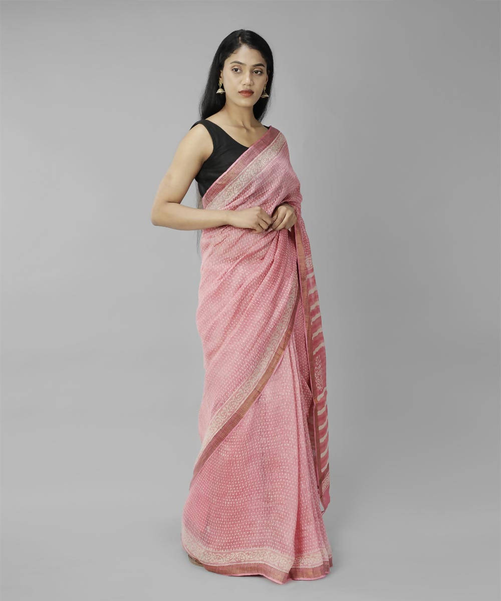 Light pink bagru handblock printed linen saree