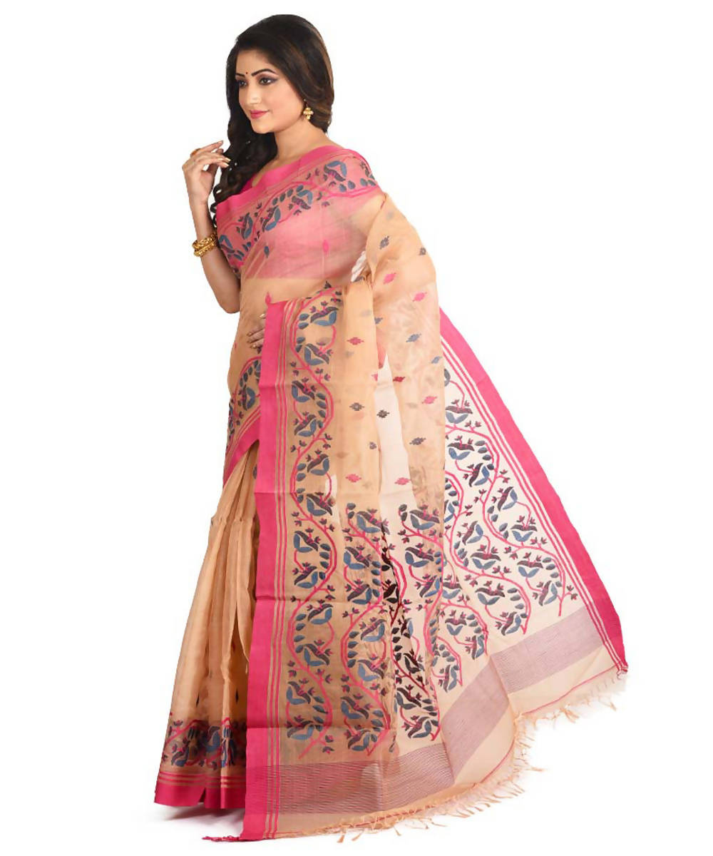Resham shilpi cream bengal silk saree with handwoven jamdani work