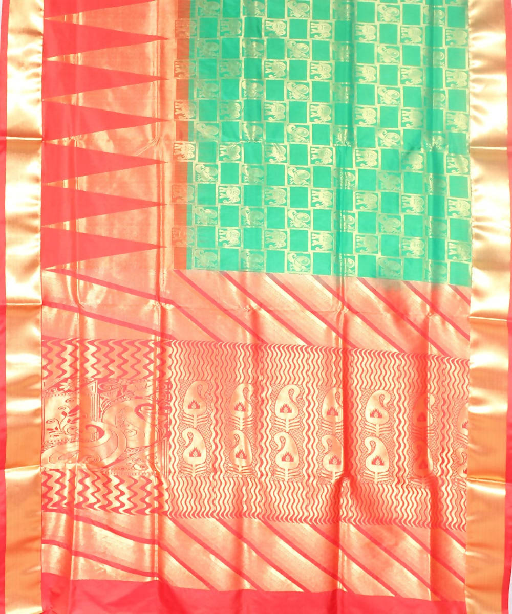 light aqua green and red karnataka handwoven silk saree