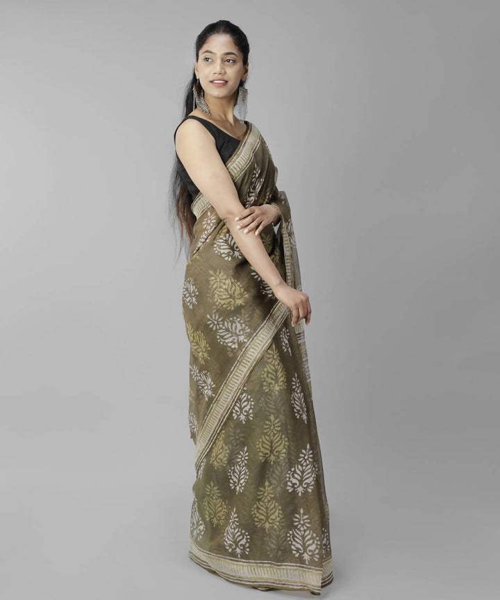 Fern green bagru handblock printed cotton saree