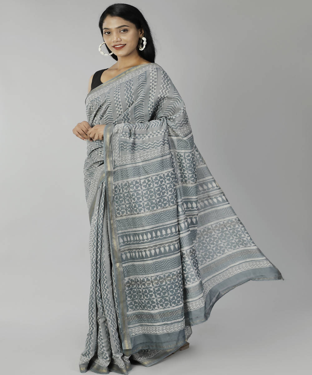 Grey bagru handblock printed cotton silk saree