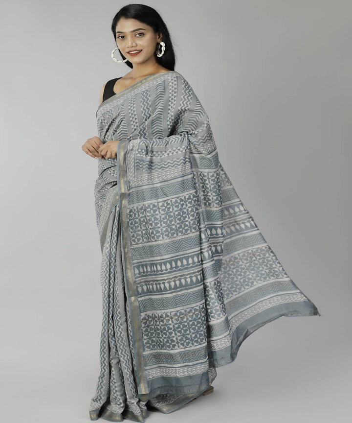Grey bagru handblock printed cotton silk saree