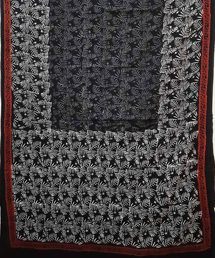 Black grey white hand block print cotton saree