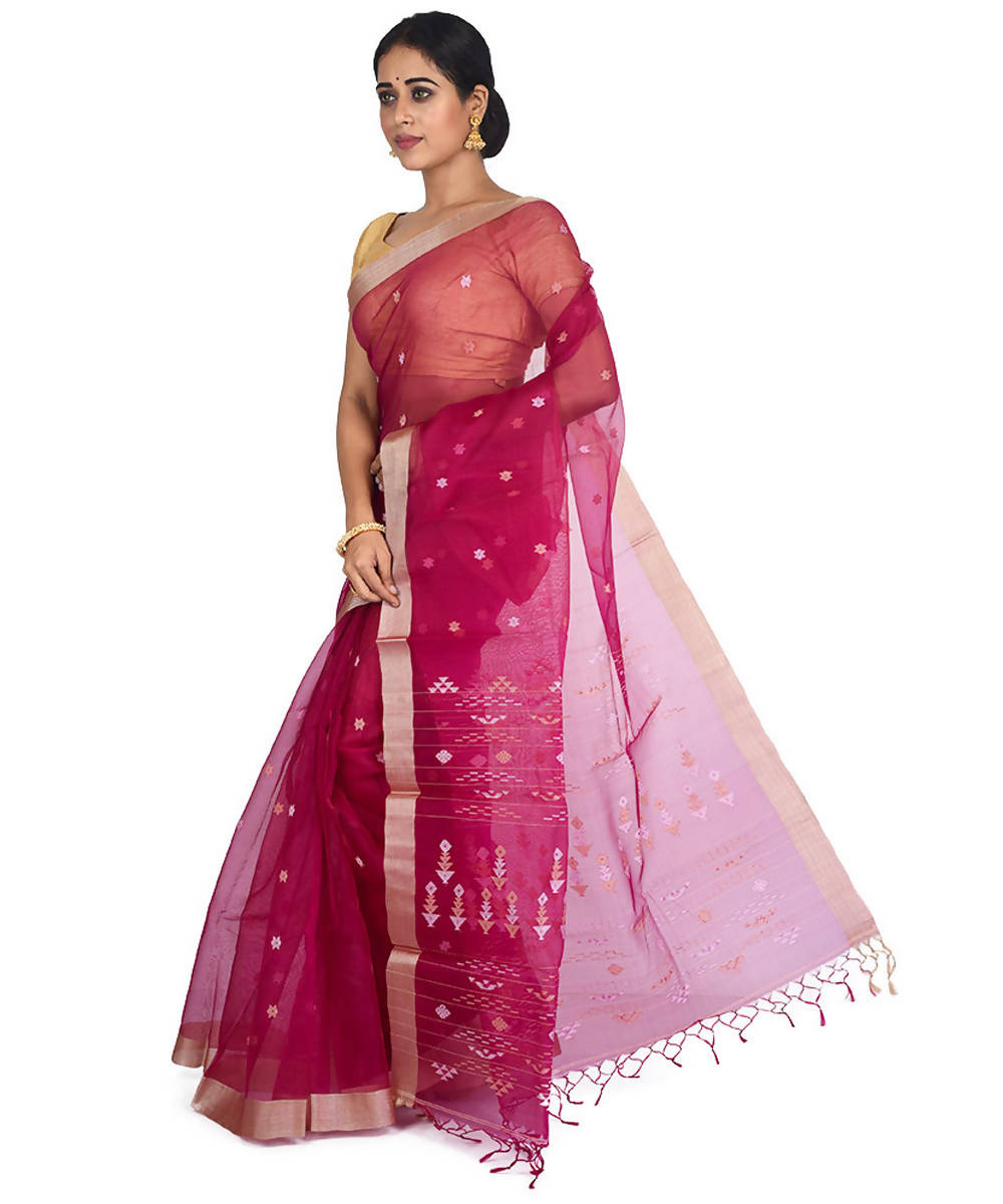 Magenta pink bengal handloom mulberry silk jamdani saree