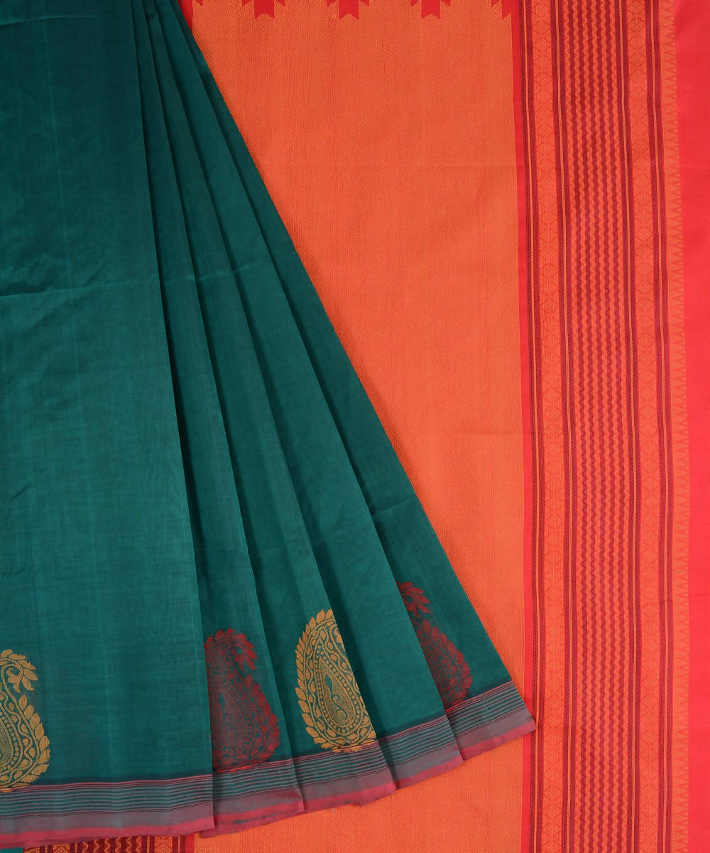 Bottle green Kanjivaram silk cotton thread work border motif saree