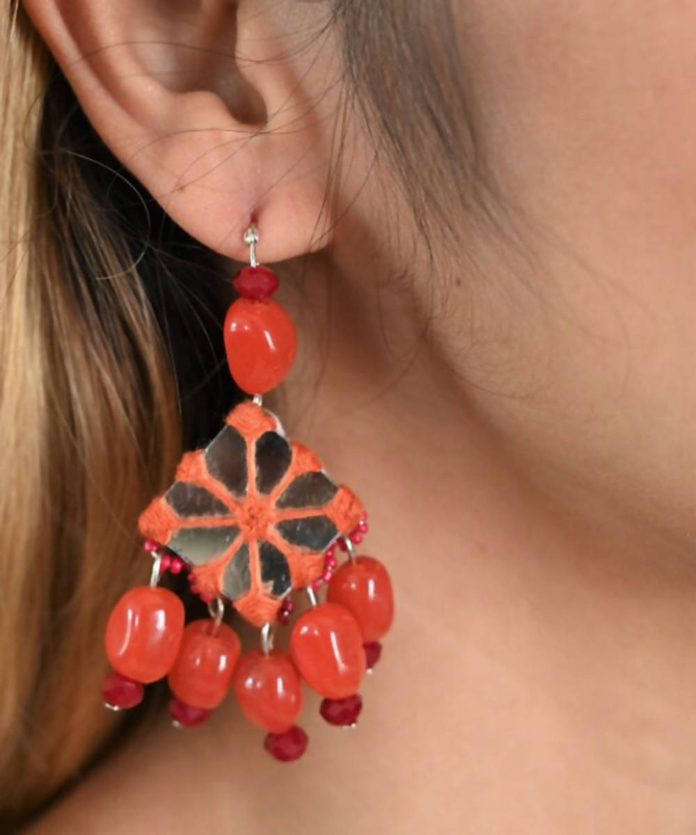 Orange handmade ruby stone and mirror earring
