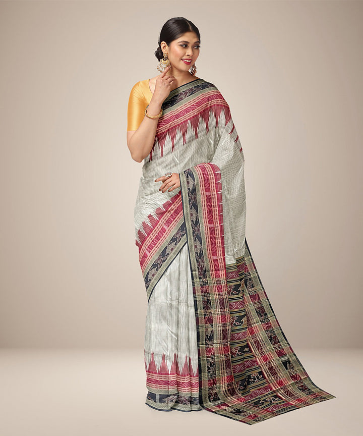 White checks design cotton silk handwoven khandua saree