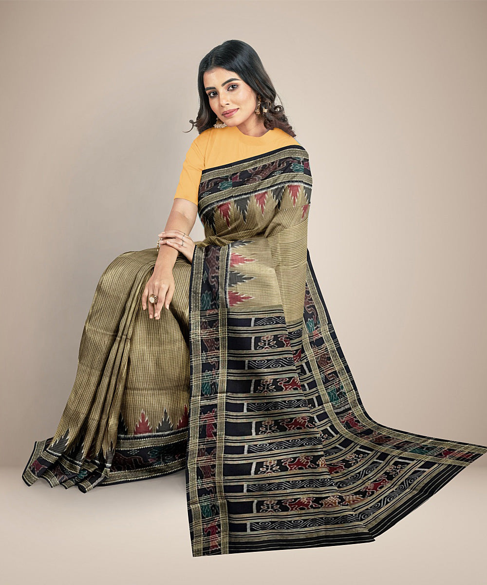 Burlywood beige checks cotton silk handwoven khandua saree