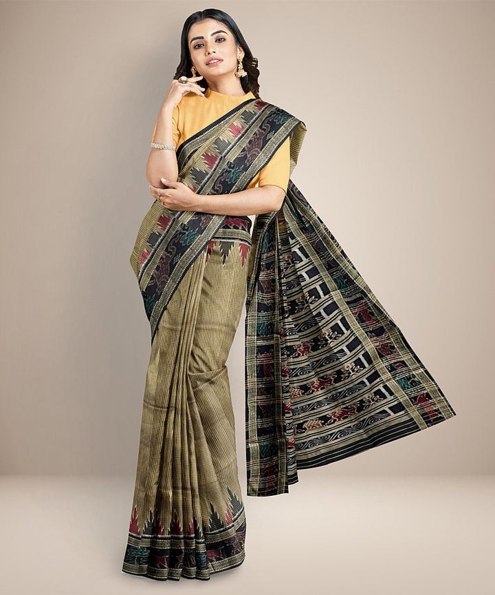 Burlywood beige checks cotton silk handwoven khandua saree