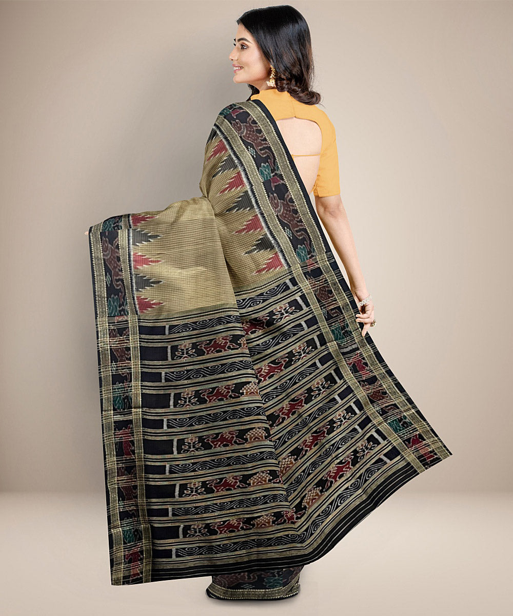 Burlywood beige checks cotton silk handwoven khandua saree