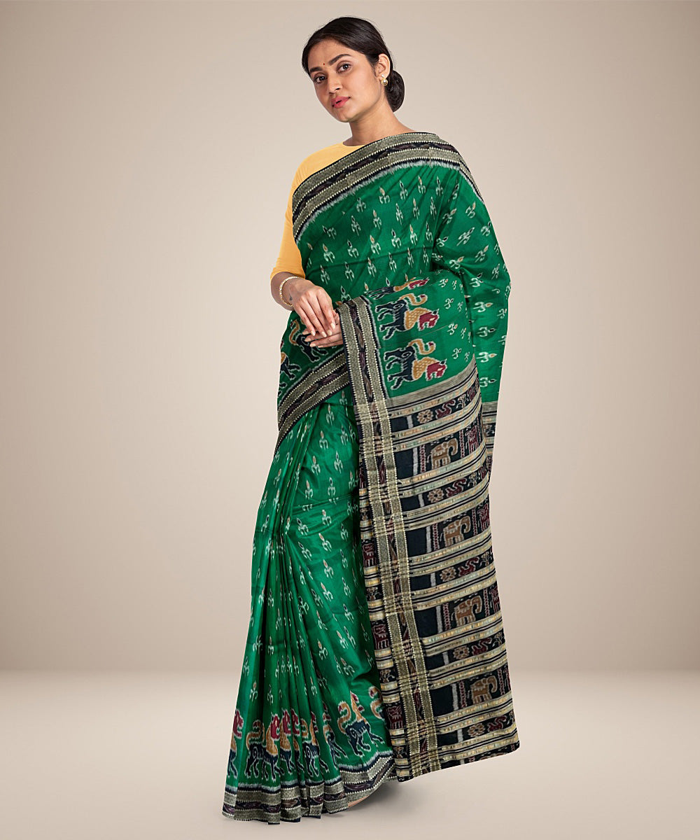 Fern green lotus motif cotton silk handwoven khandua saree