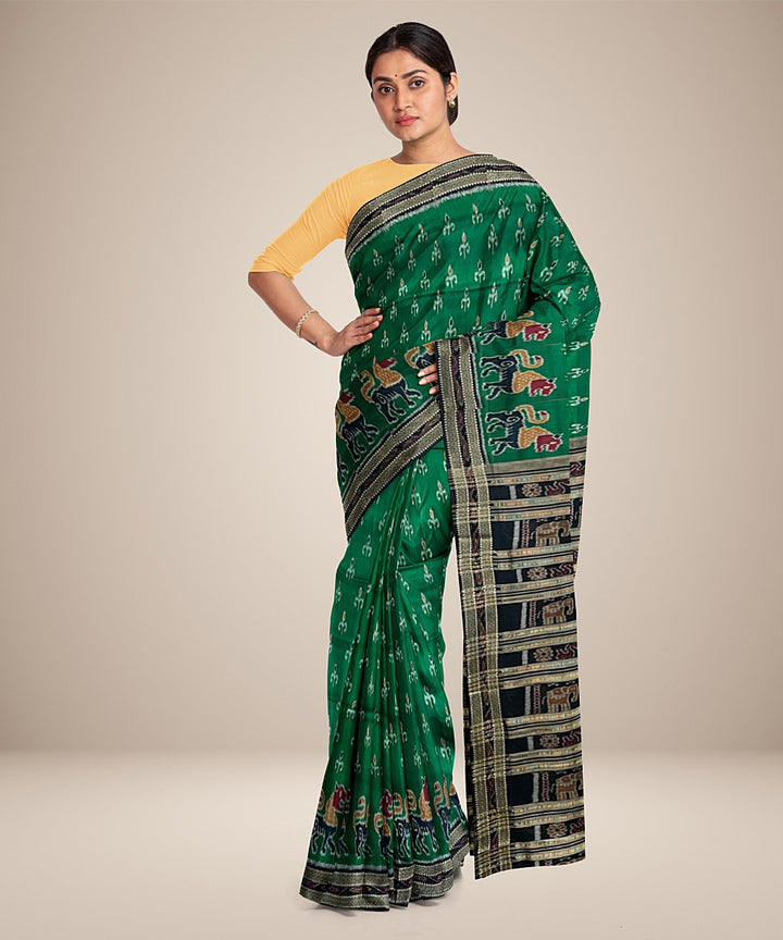 Fern green lotus motif cotton silk handwoven khandua saree