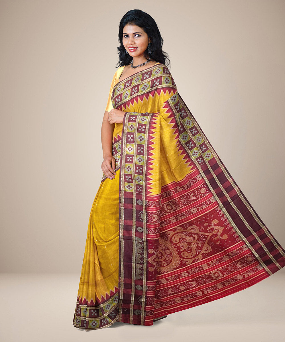 Cyber yellow pasapalli border cotton silk handwoven khandua saree