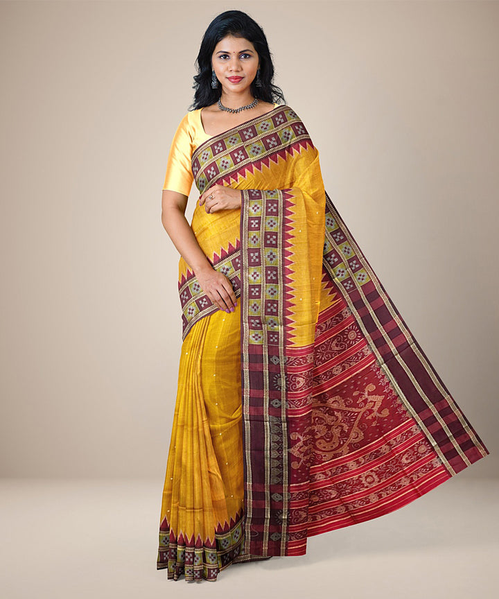 Cyber yellow pasapalli border cotton silk handwoven khandua saree