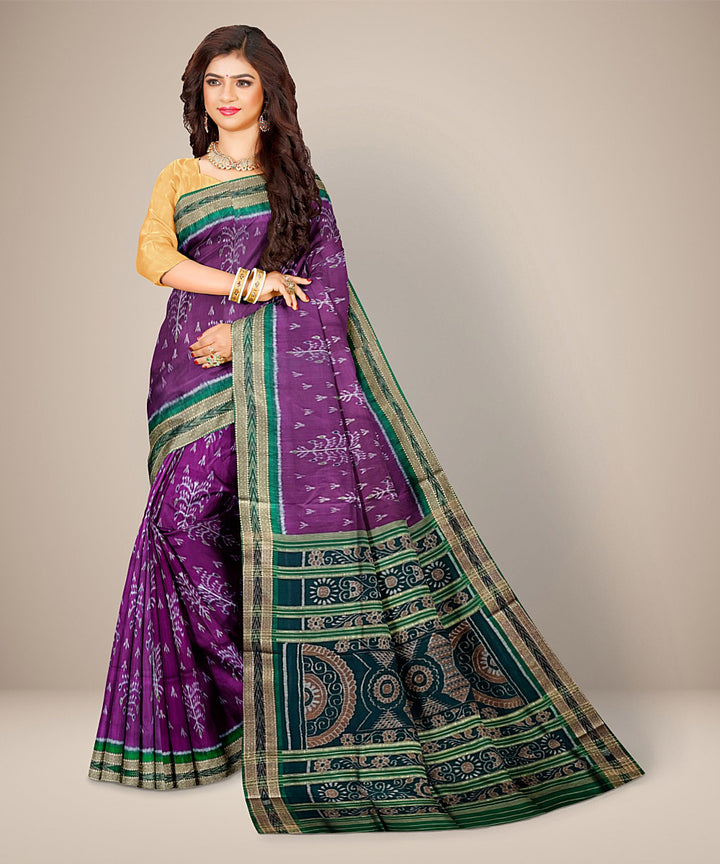 Nature inspired motifs purple cotton silk handwoven khandua saree