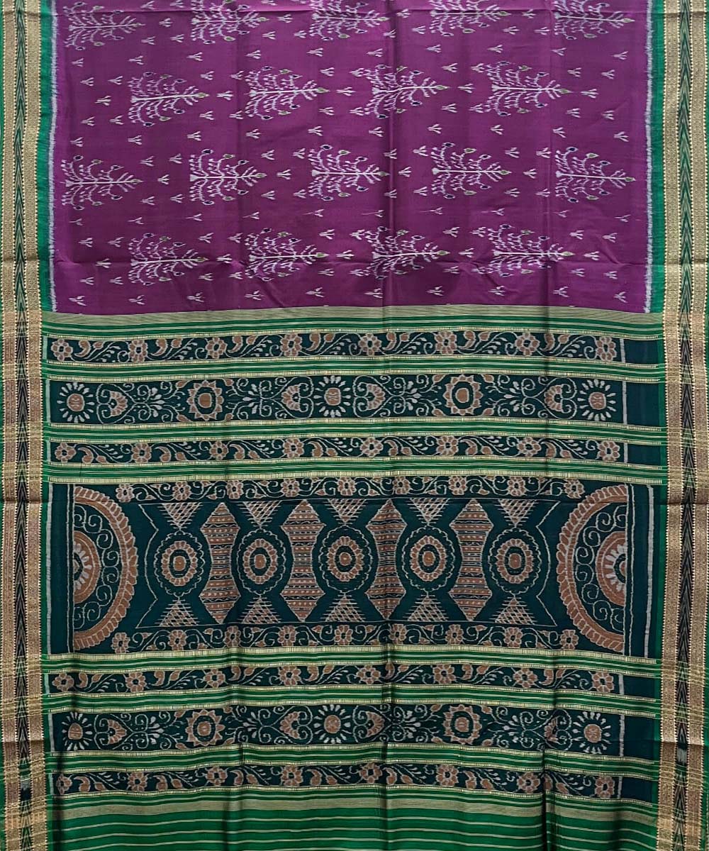 Nature inspired motifs purple cotton silk handwoven khandua saree