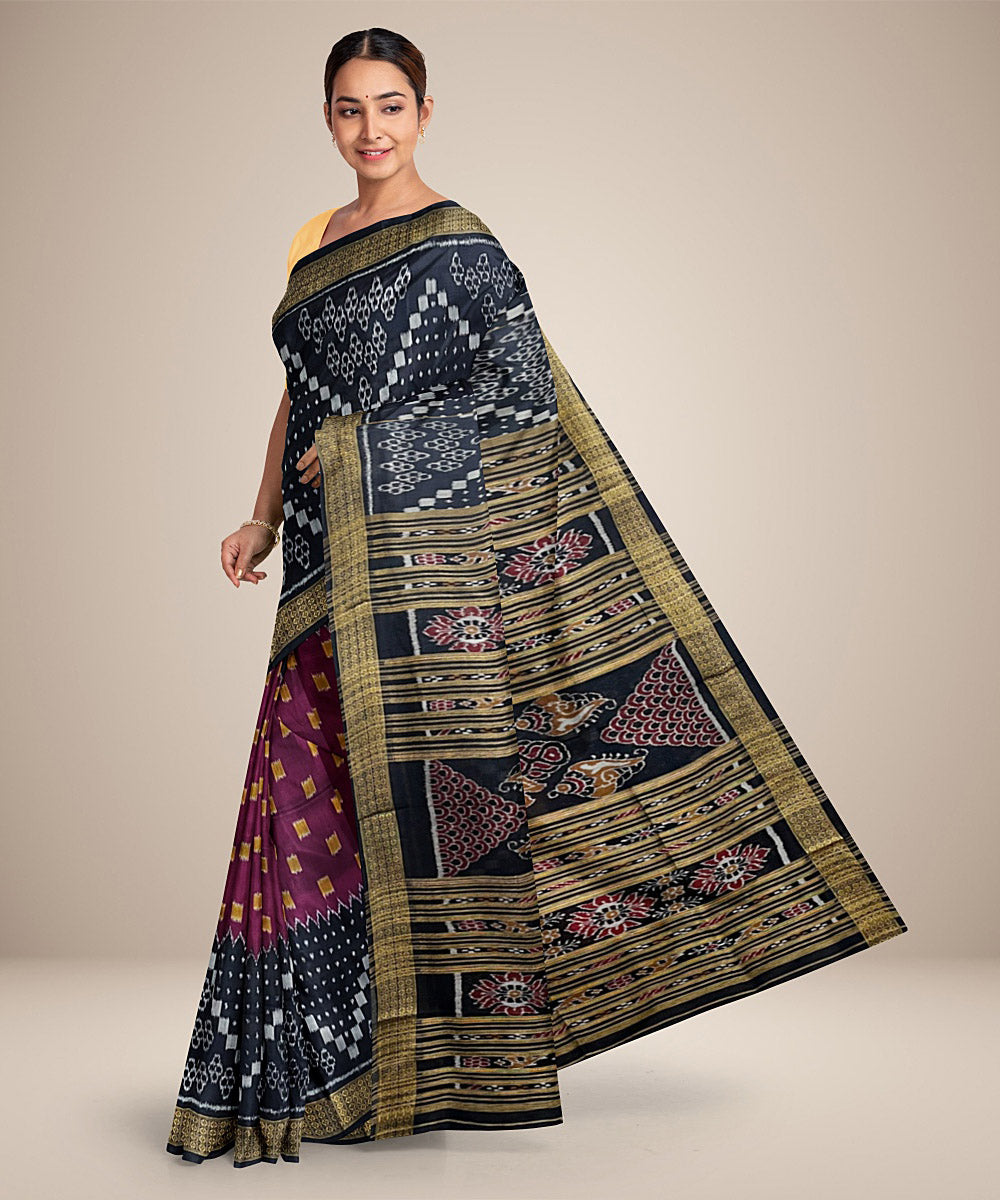 Dark magenta half and half design cotton silk handwoven khandua saree