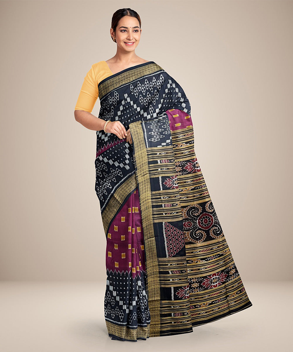 Dark magenta half and half design cotton silk handwoven khandua saree