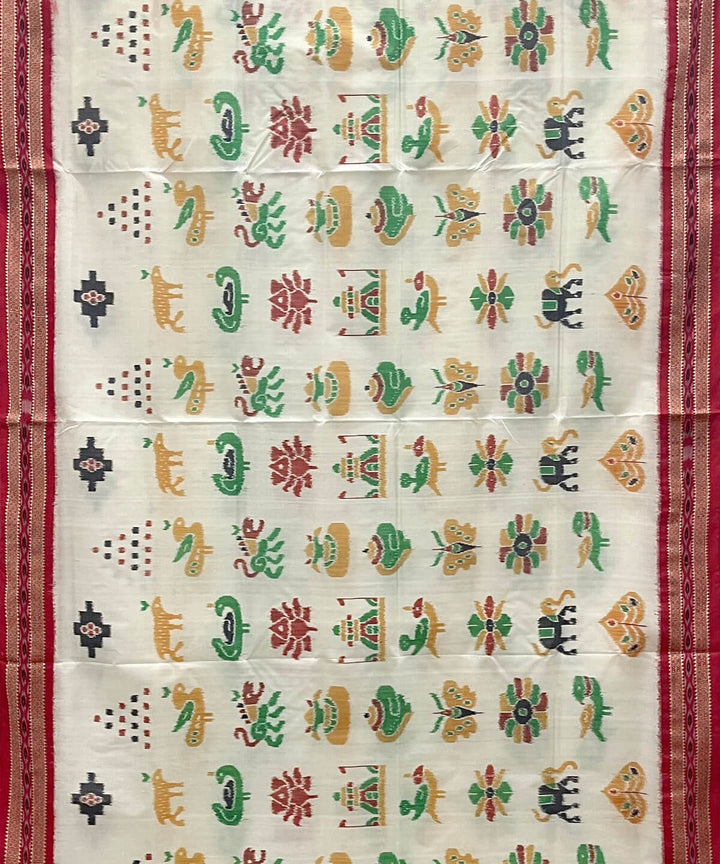 White nature inspired motifs cotton silk handwoven khandua saree