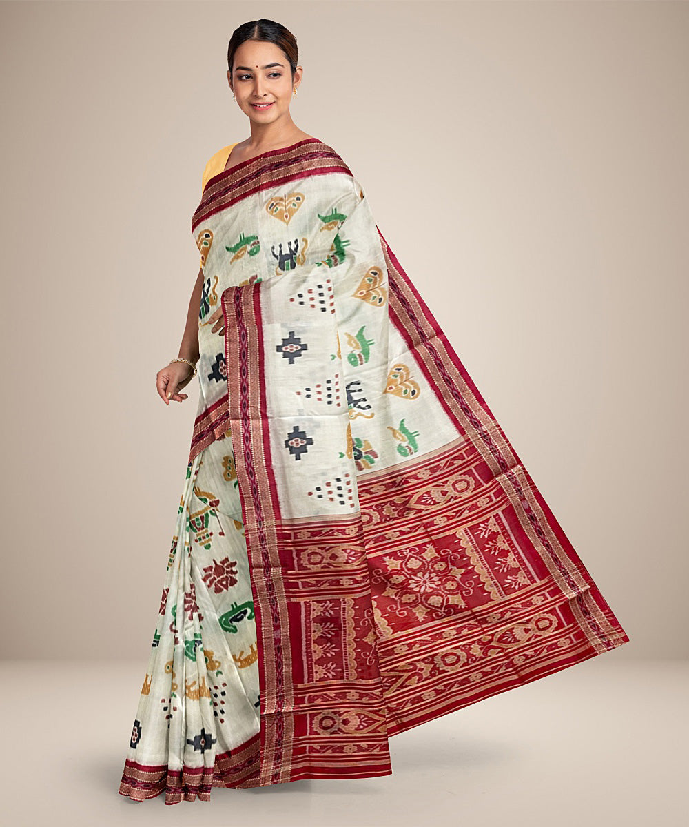 White nature inspired motifs cotton silk handwoven khandua saree