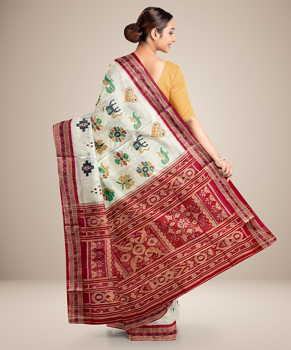 White nature inspired motifs cotton silk handwoven khandua saree