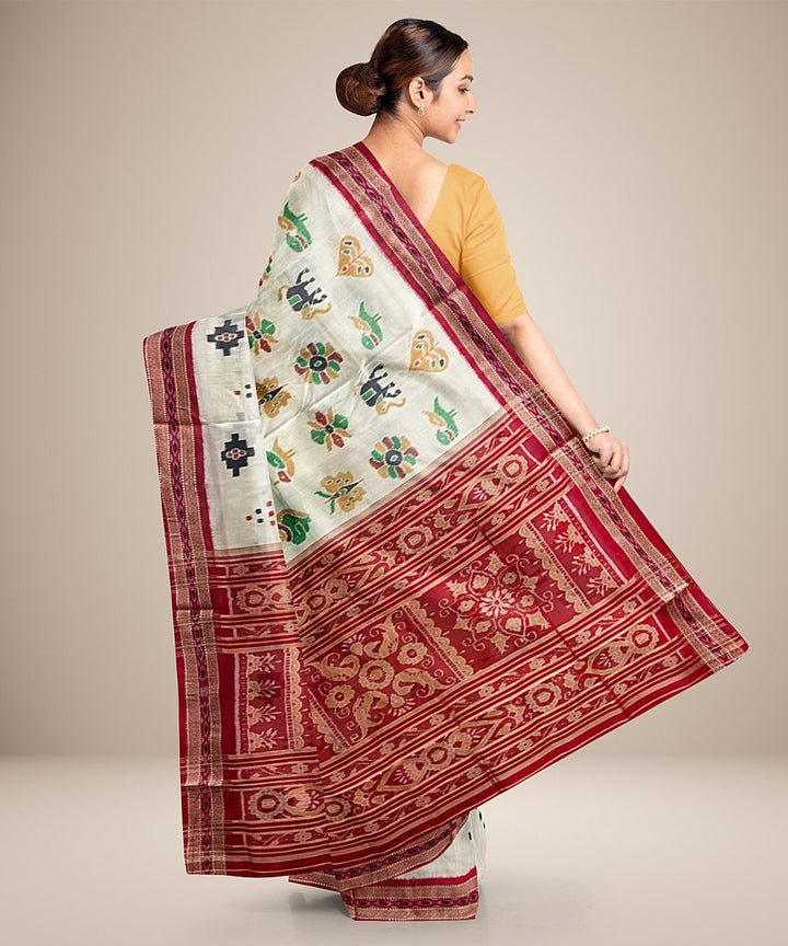 White nature inspired motifs cotton silk handwoven khandua saree