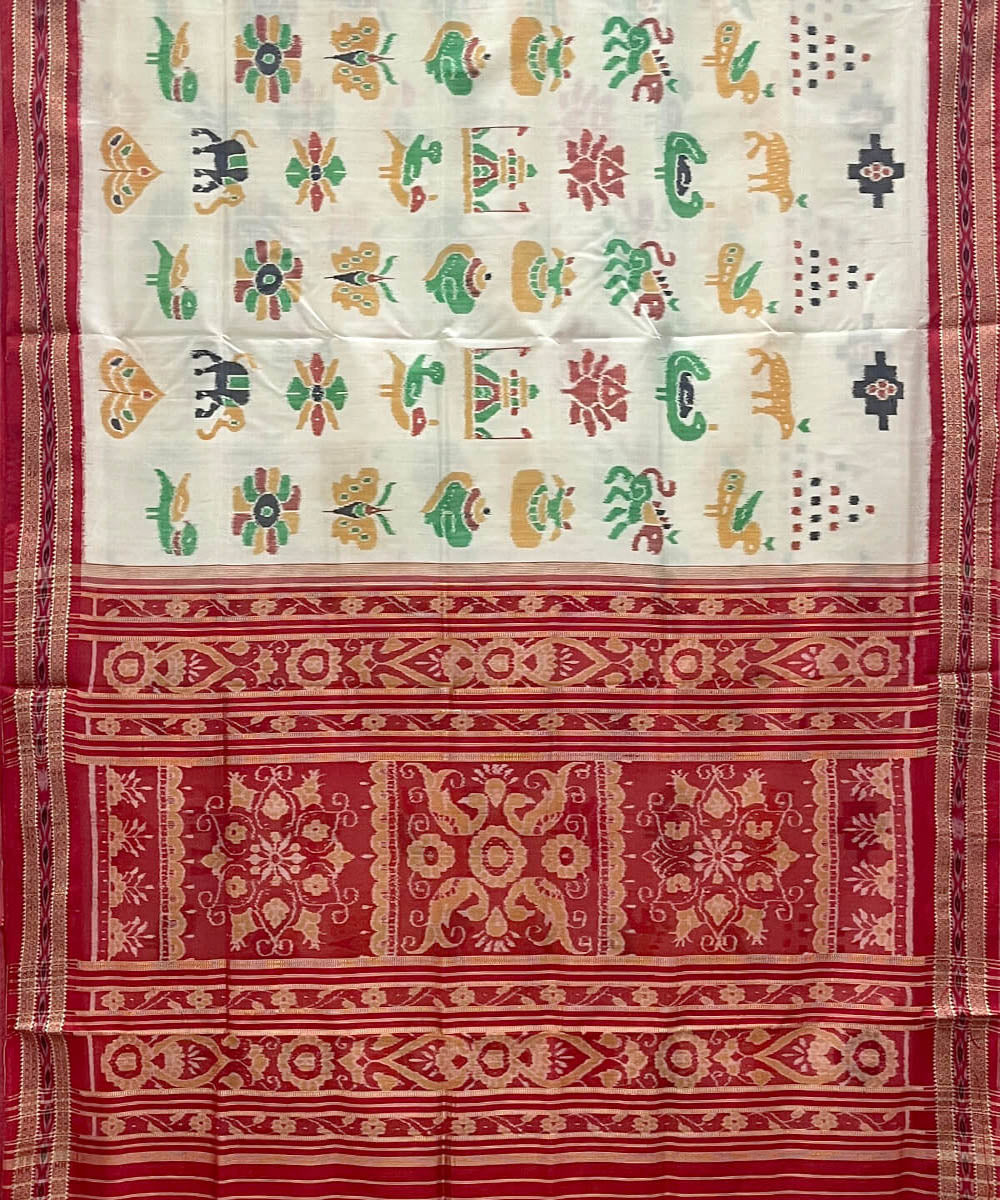 White nature inspired motifs cotton silk handwoven khandua saree