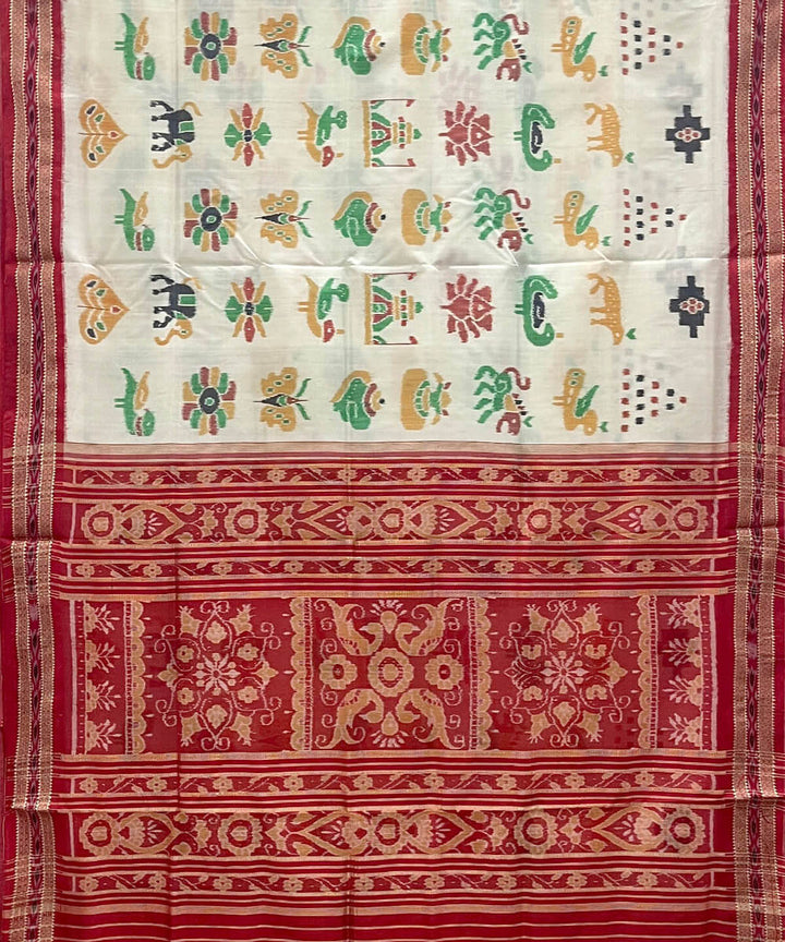 White nature inspired motifs cotton silk handwoven khandua saree