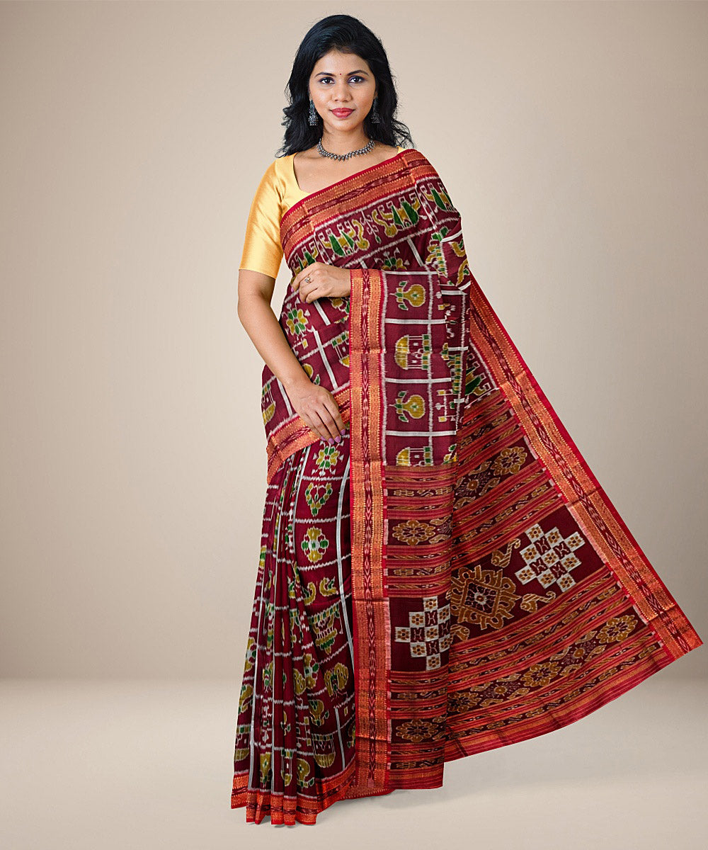 Carmine nabakothi design cotton silk handwoven khandua saree