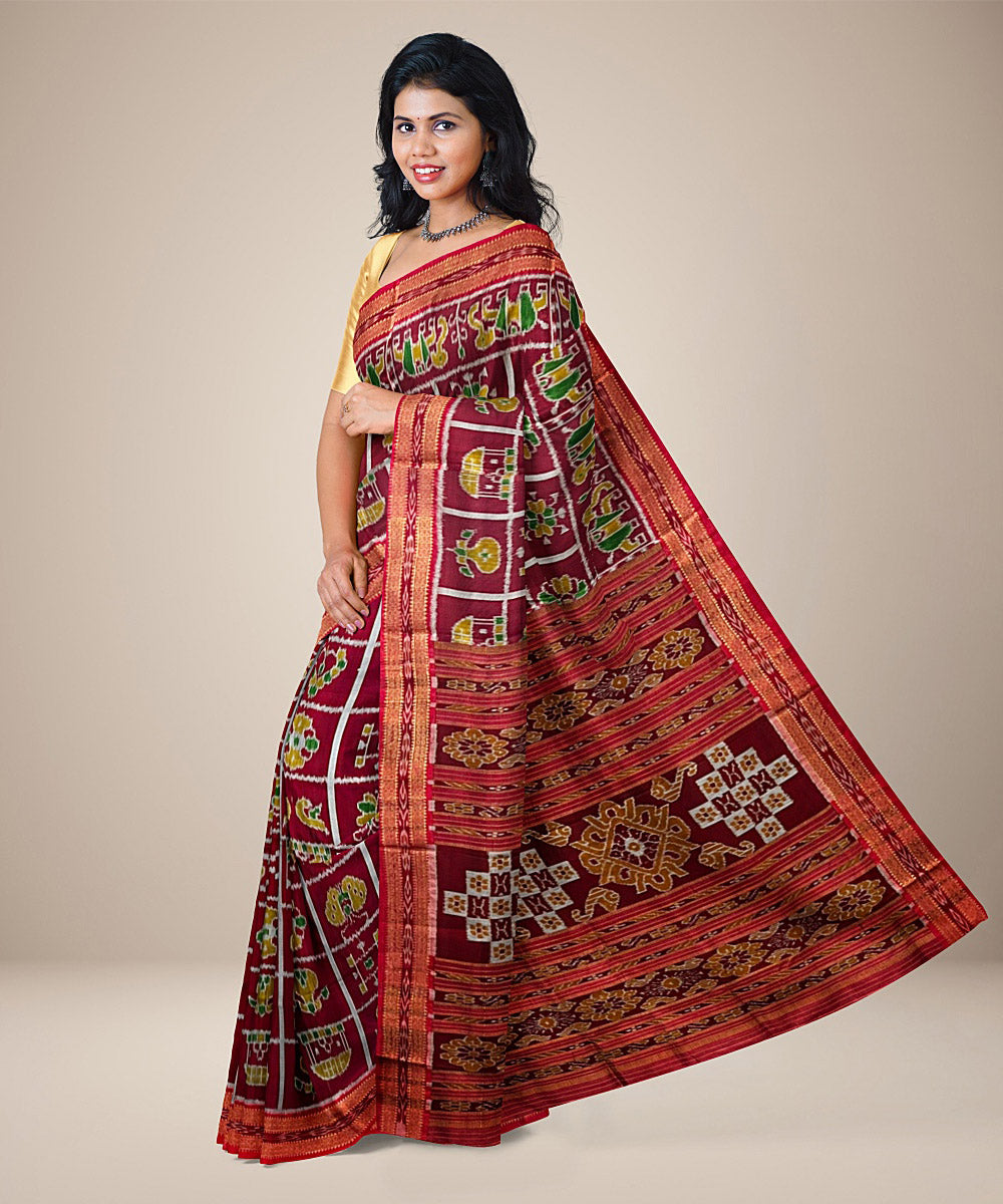 Carmine nabakothi design cotton silk handwoven khandua saree