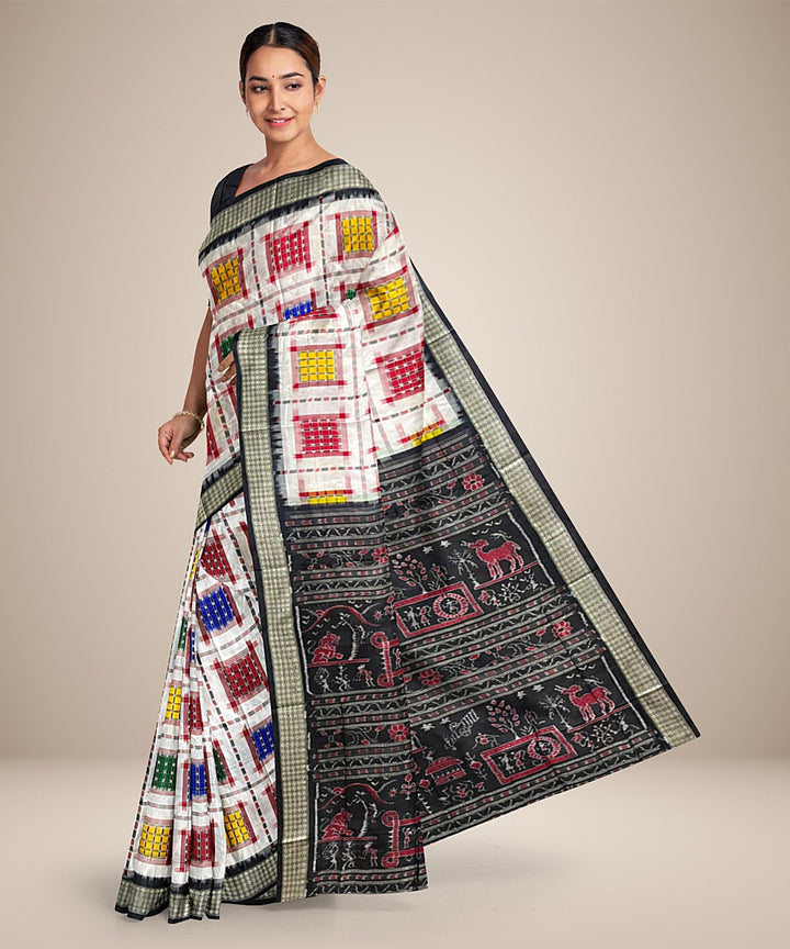 White black silk handwoven sambalpuri saree