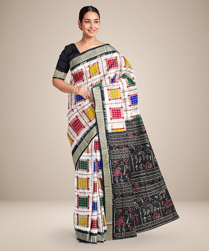 White black silk handwoven sambalpuri saree