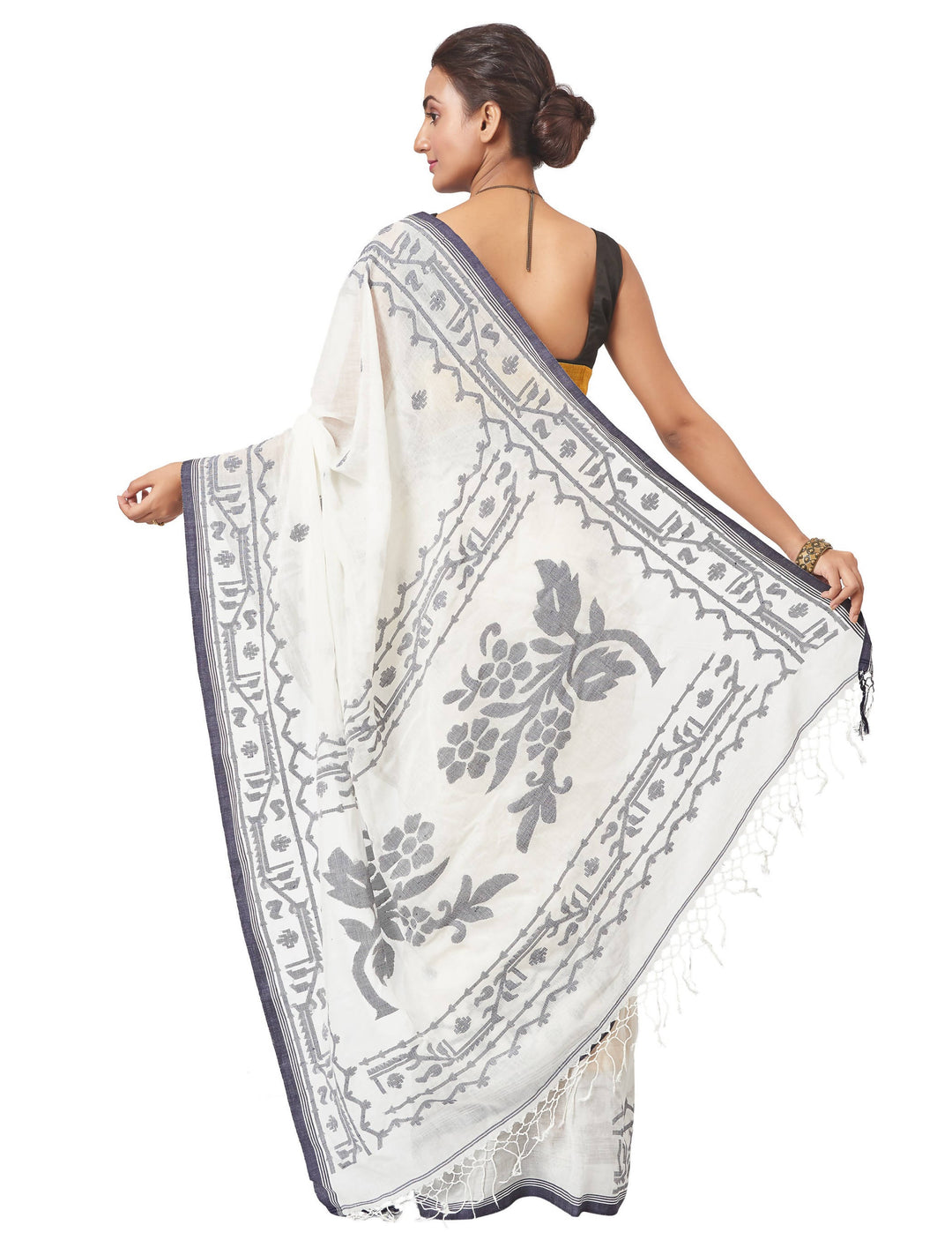 Biswa bangla handwoven white muslin saree