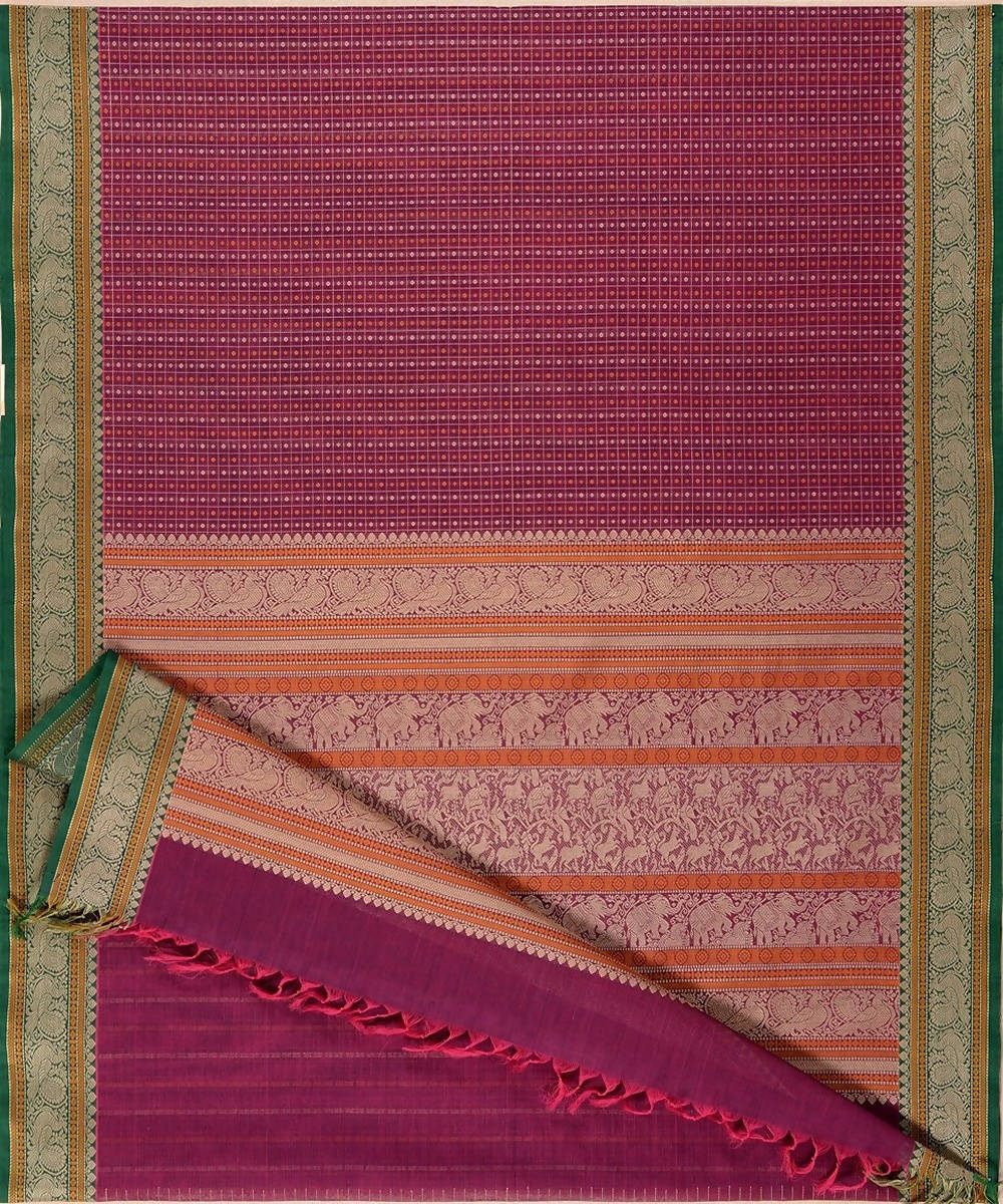 Purple handloom kanchi cotton lakshadeepam saree green lace border