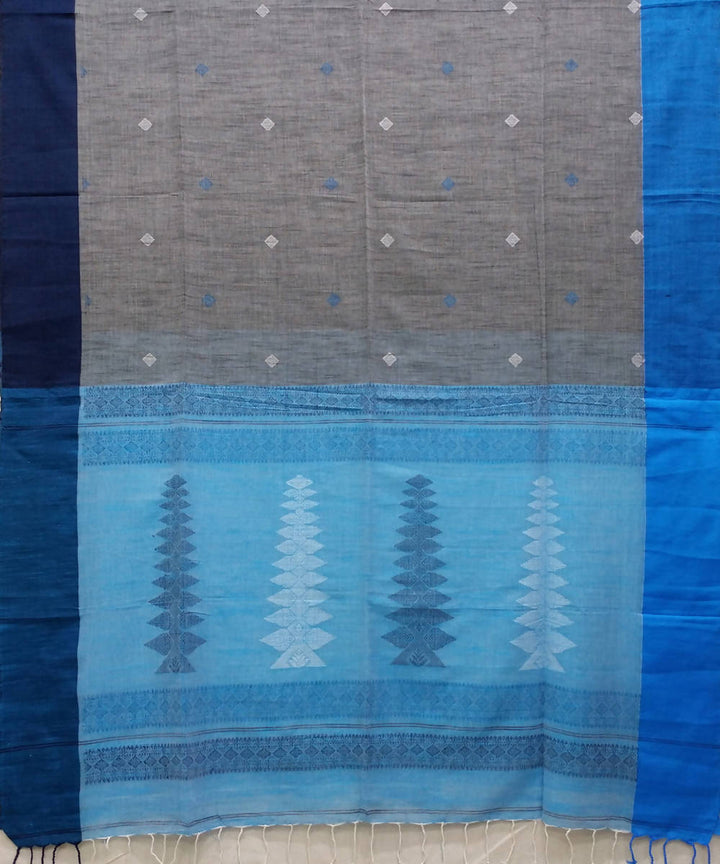 Light grey and blue handwoven cotton bengal saree