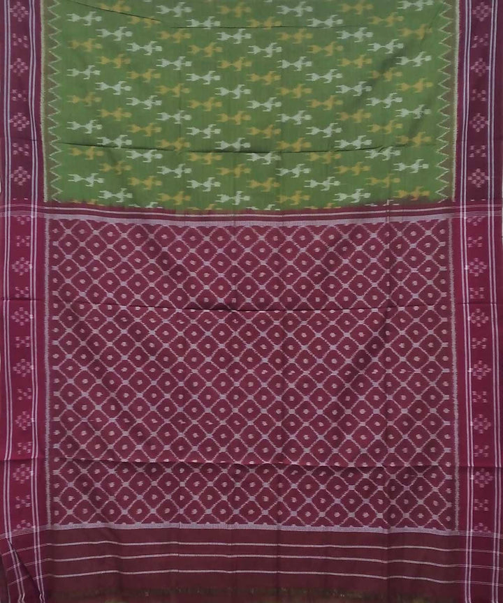 Avocado maroon handwoven nuapatana ikat cotton saree