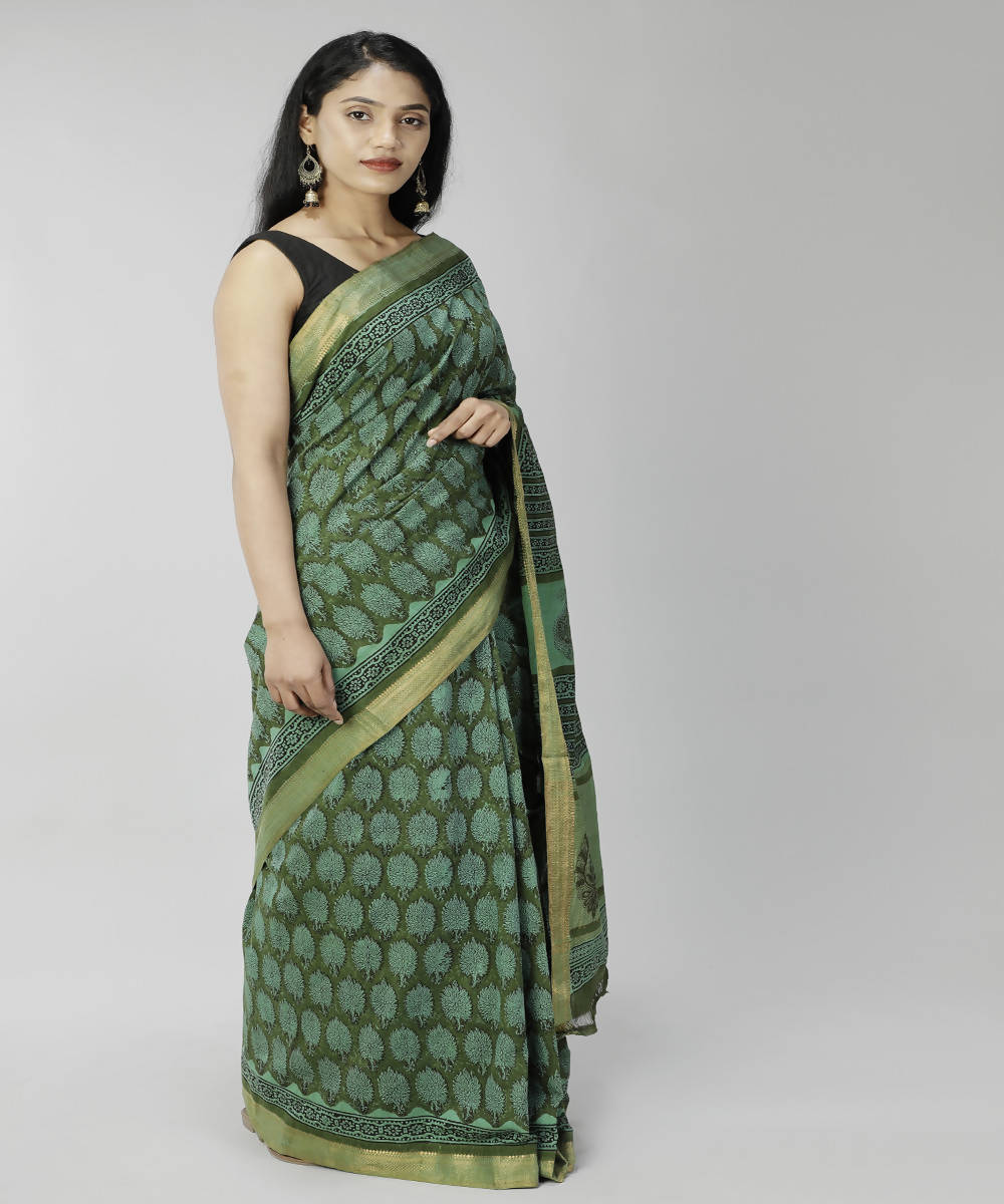 Dark green bagru handblock printed cotton saree